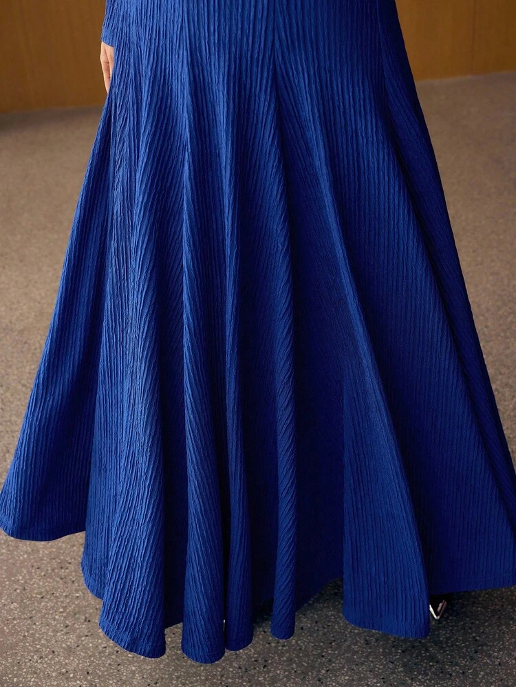 SOLID TEXTURED SLIM WAIST FLOWY HEM LONG DRESS