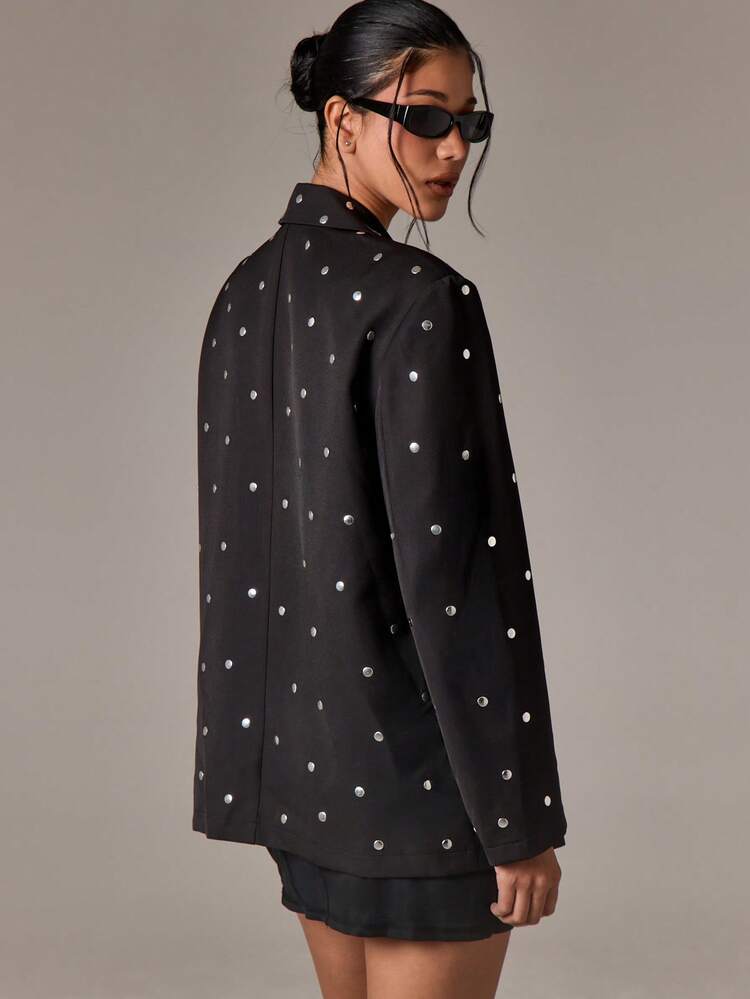 Studded Oversized Blazer With Belt And Double Buttons