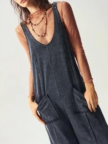 Bohemela 女式休闲纯色水洗针织连体裤 - 黑色 - 查看 4