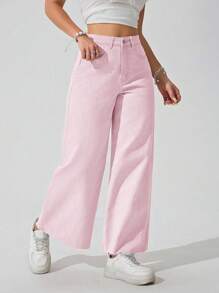 SHEIN ICON 女式休闲宽松阔腿纯色牛仔裤 - 粉色 - 查看 6