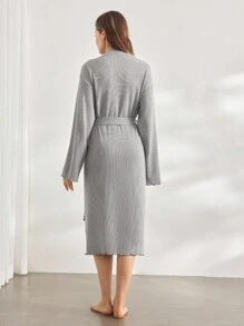 Ocili 休闲简约纯棉舒适宽松罗纹荷叶边下摆女士家居服睡袍，舒适保暖，秋冬必备 - 灰色 - 查看 3