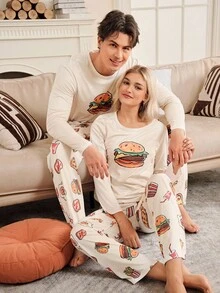 SHEIN 汉堡和汽水印花长袖上衣和裤子睡衣套装，男士食品睡衣，快餐睡衣，汉堡睡衣，男士睡衣套装，秋冬服装 - 杏色 - 查看 2