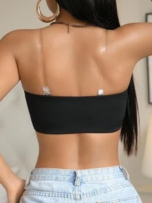 SHEIN 1 件套休闲舒适简约风格纯色舒适无线双层可拆卸肩带吊带文胸女士 - 黑色 - 查看 2