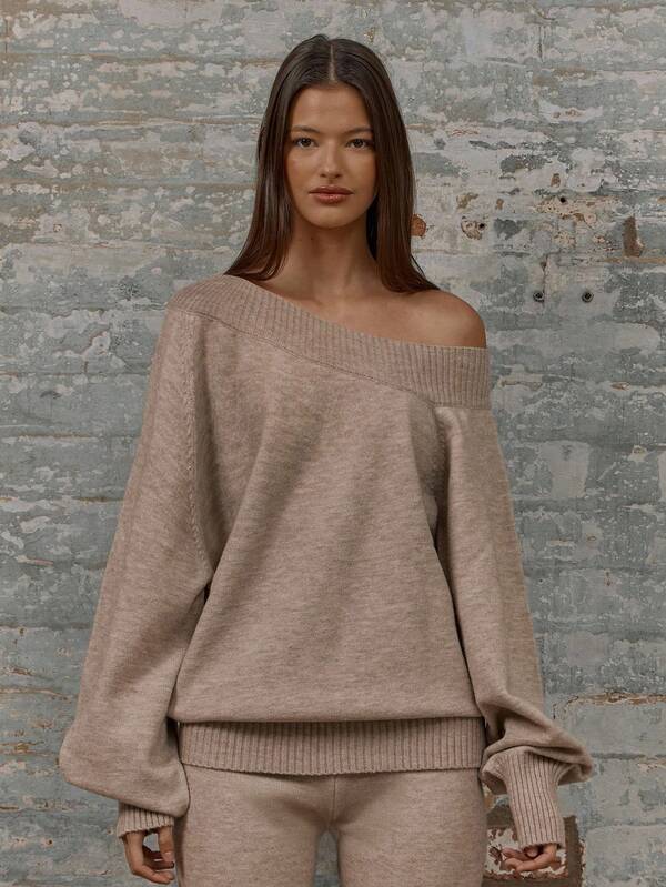 MUSERA Gerippter Strickpullover mit freier Schulter, Langarm, Bündchensaum, für Flughafen, Urlaub, Herbst, Winter, Alltag, Weihnachten, Büro