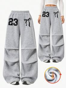 Sparklyn Pantalones de chándal holgados y plisados de felpa con estampado de mariposas y números para niñas preadolescentes, adecuados para el uniforme escolar en otoño e invierno