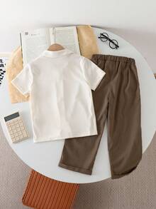 SHEIN Vintaside Kids 4-7 Years Old Boys' Spring/Autumn Shirt Set, Long Sleeve Cardigan Top And Striped Pants Suit, Back To School Uniform, All Season Outfit - Rust Brown - View 2