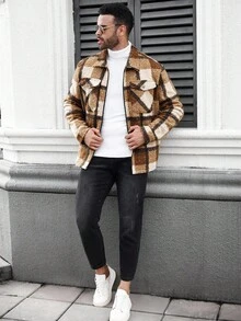 Manfinity CasualCool Plus Size Men's Casual Plaid Zip-Up Jacket, Autumn Flannels For Men Men Shacket Plaid Jacket Men