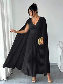 Elenzga 加大码 V 领拼接雪纺蝙蝠袖仿腰褶皱 A 字下摆休闲优雅连衣裙，适合外出、聚会、度假 - 黑色 - 查看 7