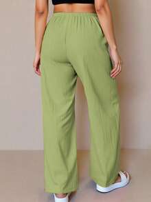 ReShift Plus Size Women Elastic Waist Casual Functional Textured Solid Wide Leg Pants - Green - View 5