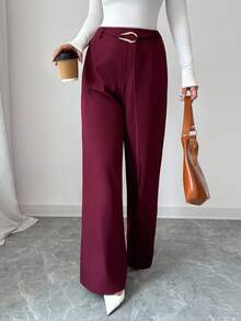 Elenzga Damen elegante, gerade geschnittene Hose mit Gummibund und Metallschnalle, geeignet für Partys, Dates, Alltag, Pendeln, Herbst/Winter - Rot - Übersicht 4