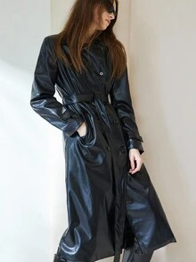 GENKIRA Cappotto lungo in pelle PU con colletto alla coreana, doppio petto, cintura, tinta unita, stile europeo e americano, versatile - nero - Visualizzare 1