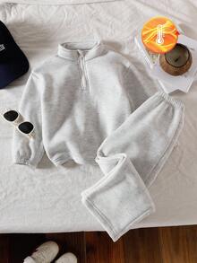 SHEIN Genkimix Kids 2 件年轻女孩针织运动衫，单面羊毛半拉链套头衫，休闲经典百搭浅灰色服装 - 淺灰色 - 查看 2