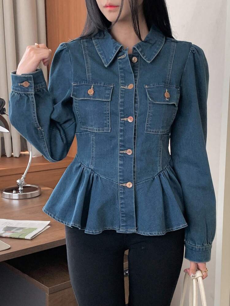 Women's Lapel Waist Cinched Long Sleeve Elegant Spring Jade Sexy Casual Denim Blouse