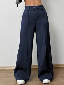 Flirla Quần ống đứng cạp cao màu xám dành cho nữ, thời trang và đa năng khi đi làm - Màu xanh hải quân - Xem 4