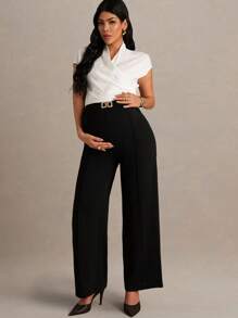 MaterniChic Quần ống rộng trang trí vòng kim loại trơn màu thanh lịch dành cho phụ nữ mang thai - màu đen - Xem 5