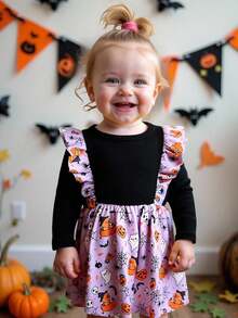 SHEIN Baby Girl Cute Halloween Pattern Long Sleeve Dress, Suitable For Autumn/Winter, Daily Wear Fall - Multicolor - View 3