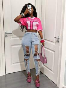 SHEIN BamGlam Jeans ajustados de moda con diseño de corte hueco y cintura alta con lazo para mujer