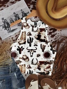 SHEIN EZwear Casual Minimalist Cactus Graphic Round Neck Tight Fit Women Tank Top, Suitable For Summer Chic - Multicolor - View 3