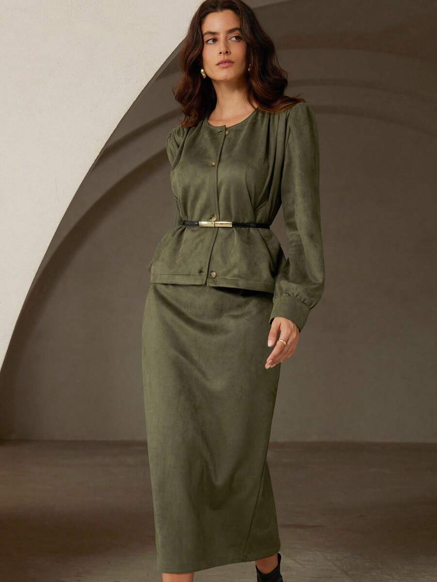 Chiquease 女士秋冬新款仿麂皮垫肩时尚别致宽松泡泡袖圆领直筒长袖夹克和裙子两件套 - 綠色 - 查看 1