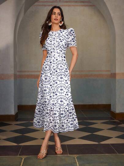 ZEYLAH Cotton Short Sleeve Vacation Embroidered Long Dress