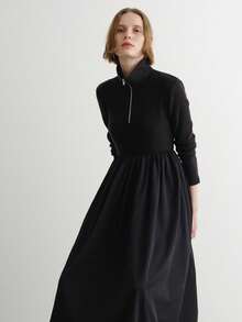 FRIFUL 女士黑色纯色翻领拉链腰部褶皱宽松休闲百搭长款连衣裙，秋冬女装 - 黑色 - 查看 6