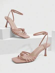 CUCCOO SZL 杏色系带打结时尚优雅女士高跟凉鞋，细带方头细高跟鞋 - 杏色 - 查看 2