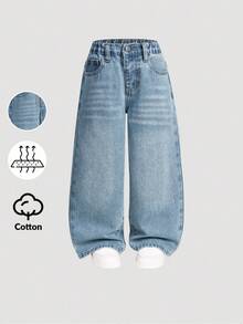 SHEIN Explorewe Girls' Back-To-School Washed Blue Wide Leg Jeans,Loose Casual Classic 5-Pocket Snug Fit Straight Leg Denim Pants,Soft Comfortable Fall Winter Trousers - Medium Wash - View 9