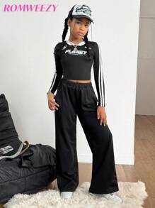 2pcs/Set Tween Girls Retro Graphic Long Sleeve T-Shirt Top And Loose Fit Sweatpants Streetwear Outfit - Black - View 4