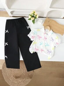 SHEIN 2 件套青少年女孩彩色蝴蝶结荷叶边短袖白衬衫 + 紫色宽松阔腿裤，休闲日常和节日装，夏季 - 彩色 - 查看 4