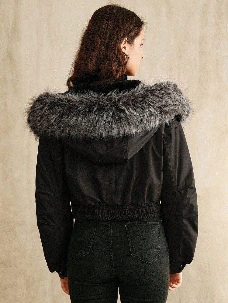 Chaqueta corta con capucha de piel sintética de estilo patchwork de moda casual para mujer, otoño/invierno