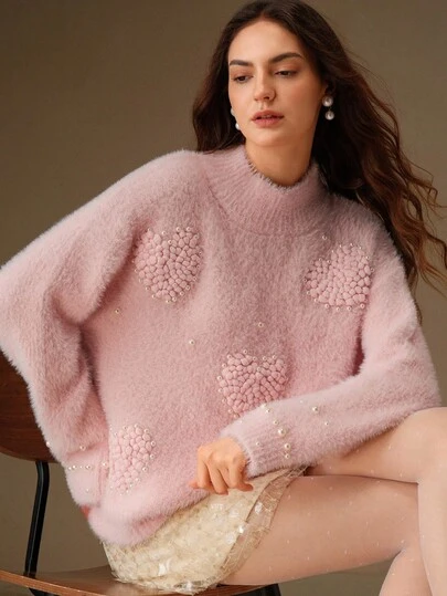 Anewsta Elegant French Chic Slouchy Oversized Pearl Embellished Heart Floral Velvet Turtleneck Sweater, Suitable For Autumn, Winter, Going Out, Formal, Party, New Year, Christmas, Work, Graduation, Wedding