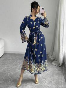 Chiquease Printed Stand Collar Long Sleeve Elegant Casual Long Dress For Women Maxi Women Outfit Fall Cloth For Women