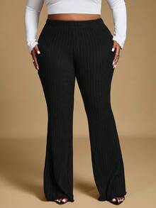 Hourglow Ceceforeign_ Plus Size Elastic Waist Casual Wide Leg Long Ribbed Flare Pants, Suitable For Autumn And Summer, For Hourglass Body Shape