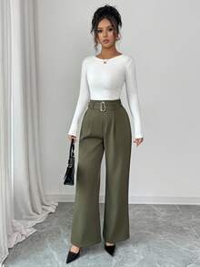 Selianne Women's Elegant Olive Green Wide Leg Pants,Autumn Office Wear Solid Color Button Waist Casual Trousers,Spring/Summer/Winter Daily Commute Party Wear - Army Green - View 7