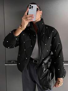 Siren Gaze Pearl Quilted Padded Coat, Winter Jacket For Women , Women Autumn/Winter Black Casual - Black - View 4