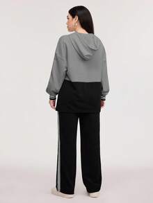 Veilorie Two Tone Striped Side Drawstring Hoodie & Pants Set 2 Pieces Set - Dark Grey - View 2
