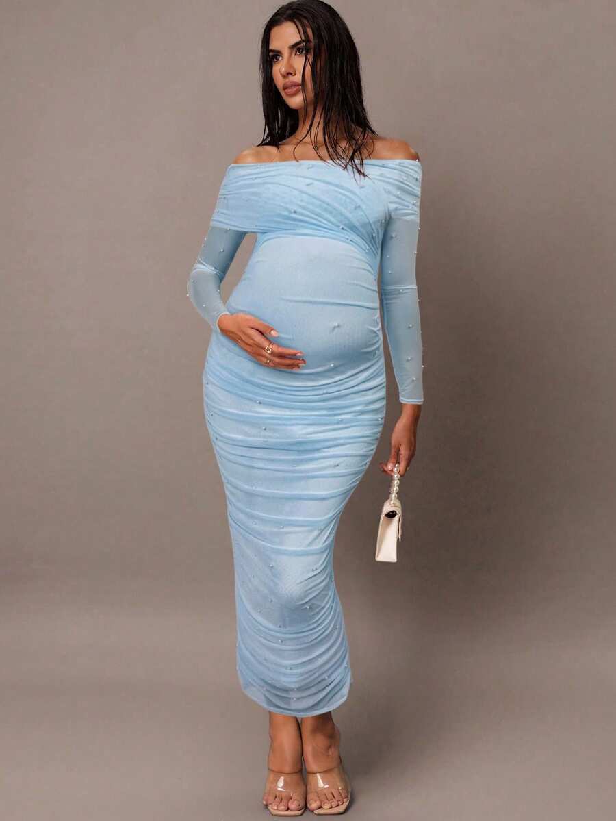 MaterniChic Women's Elegant Light Blue Open Shoulder Pearl Ruched Slim Fit Maternity Maxi Dress,Summer Pregnant Photoshoot Dress,Bump Friendly Bodycon,Maternity - Blue - View 1