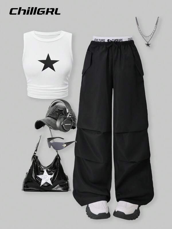 SHEIN Set informal de estilo callejero para niña preadolescente que consta de 2 piezas: top corto con estampado de estrellas y cordón lateral, y pantalones cargo con bolsillos en contraste de color, ideal para primavera/verano, vacaciones, verano y viajes