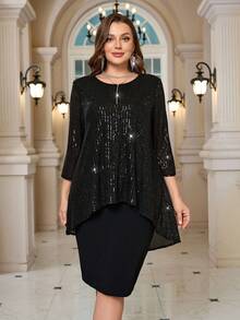 EMERY ROSE Große Größen einfarbiges Pailletten-Patchwork Rundhals elegantes Kleid