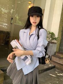 DAZY 女式韩版百褶格子休闲衬衫，春秋长袖上衣