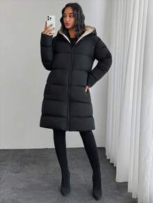 SHEIN Tall معطف شتوي طويل مبطن ذو سحاب وجيب مزدوج الجانب لموسم الخريف والشتاء - الأسود - مشاهدة 5