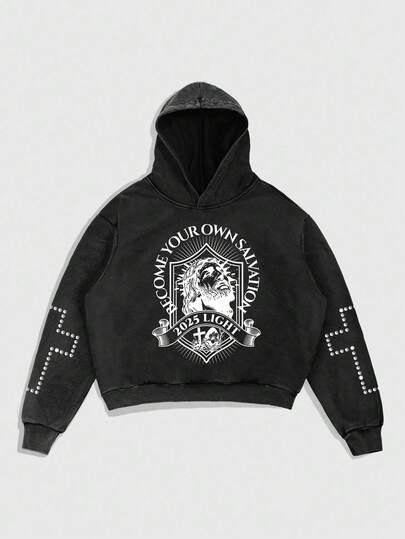 Goth Sudadera con capucha de forro polar con estampado de letras de manga larga casual para hombres, otoño e invierno