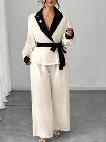 Elenzga 大码女式时尚撞色优雅长袖翻领夹克和裤子套装，两件套