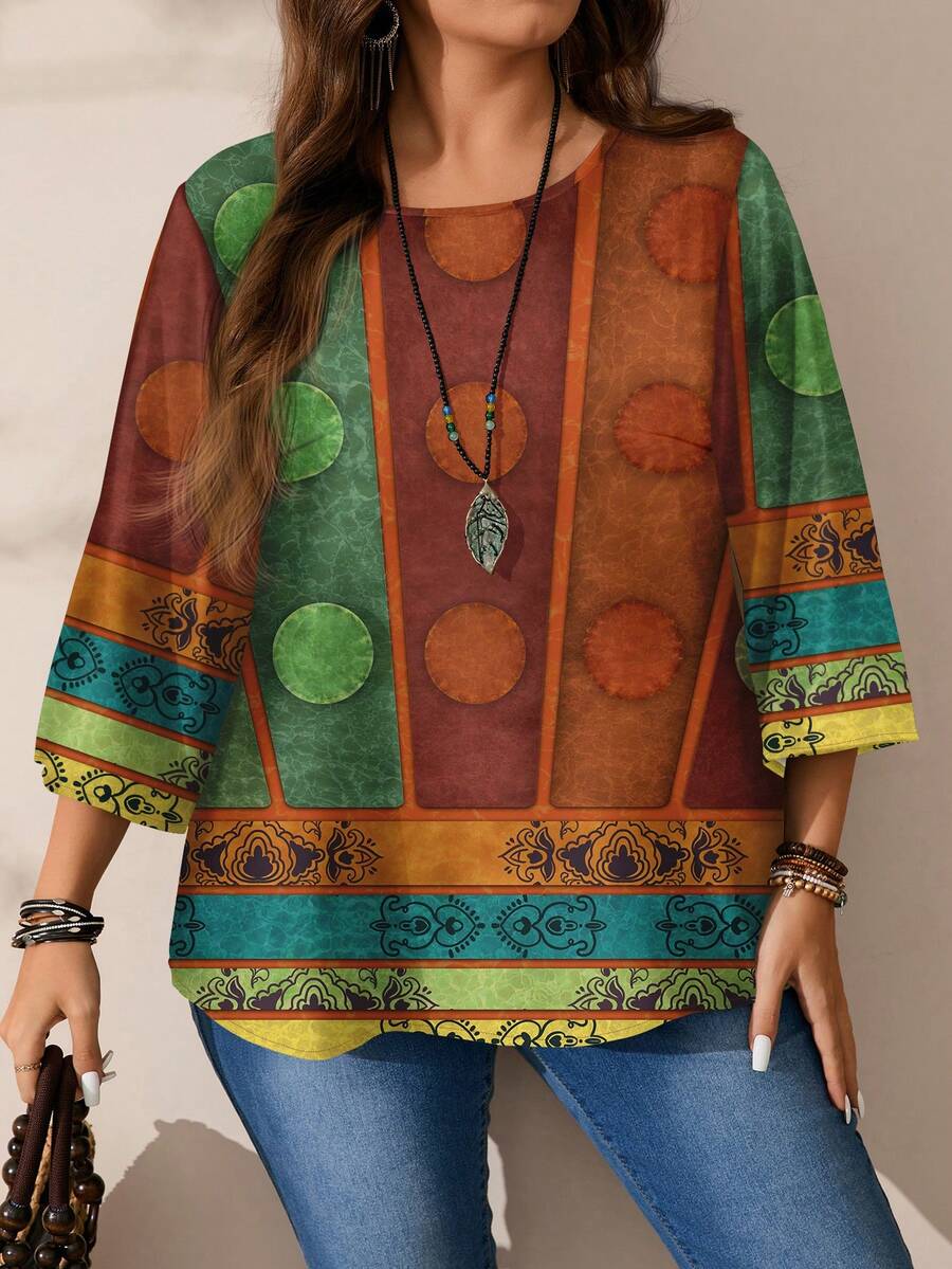 EMERY ROSE Casual Retro Pattern Plus Size Women's Loose Fit Round Neck 3/4 Sleeve Plus Size Printed Shirt, Autumn/Winter Chic Blouses For Women - Apricot - View 1