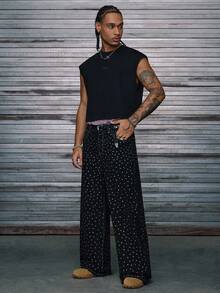 AXEPEAK High Street 三色老虎水钻图案男士宽松圆领无袖背心 - 黑色 - 查看 3