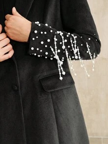 Anewsta New Elegant Beaded & Rhinestone Embellished Long Overcoat For Women, Suitable For Autumn, Fall, Winter, Formal Occasions, Parties, Chic, New Year, Christmas, Work, Graduation, Wedding, Luxury - Black - View 4