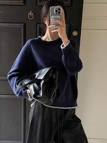 DAZY 女士宽松休闲贝壳刺绣毛衣，秋季 - 藏蓝色 - 查看 5
