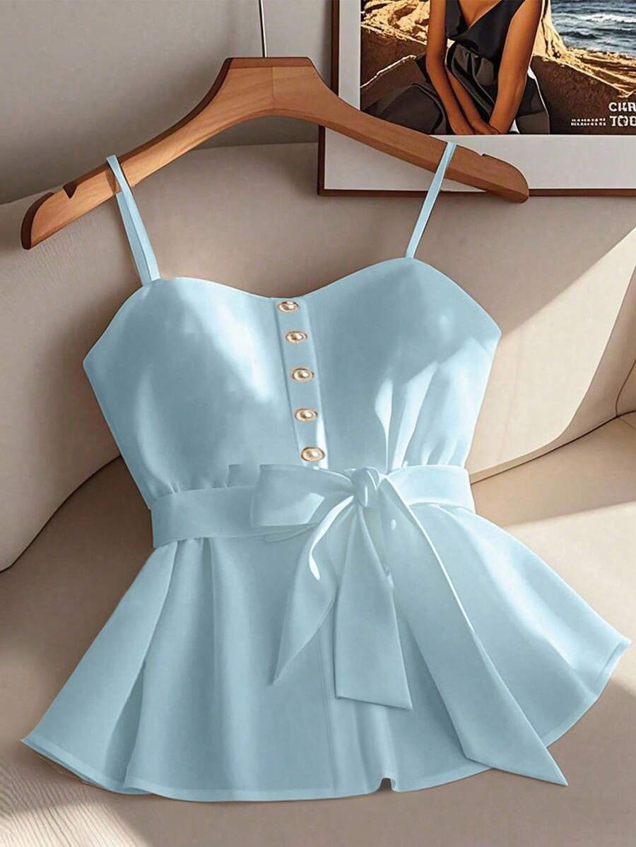 Franclia Women's White Pearl Button Tie Ruffle Hem Camisole - Blue - View 1