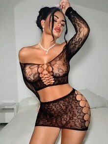 Short Black Sheer Plain Lingerie With Off-Shoulder Neckline And Flirty Cut-Out Style Bodystocking Lingerie Hollow Out Lingerie Leopard Lingerie, Going Out - Black - View 3