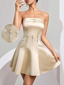 Poshira Women's Elegant Party Rhinestone Decor Satin Strapless Cocktail Dress Sequin Dress  Lace Dress Beige Dress Luxury Evening Dresses For Women - Champagne - View 1